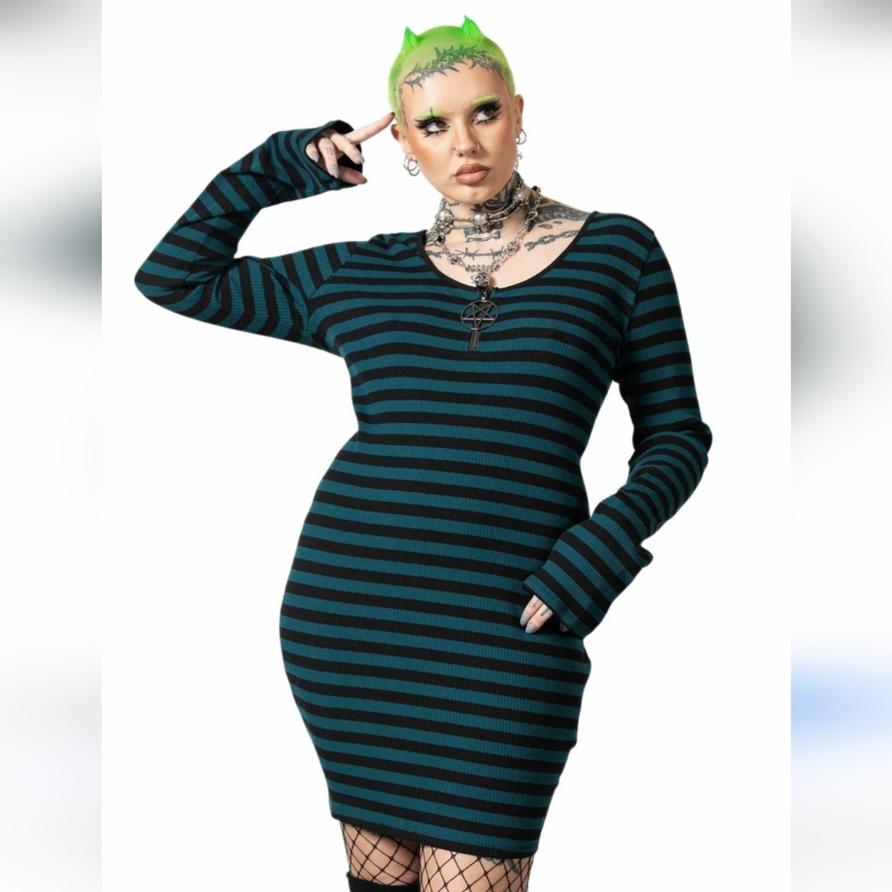 Killstar Teal and Black Striped Long Sleeve Dress